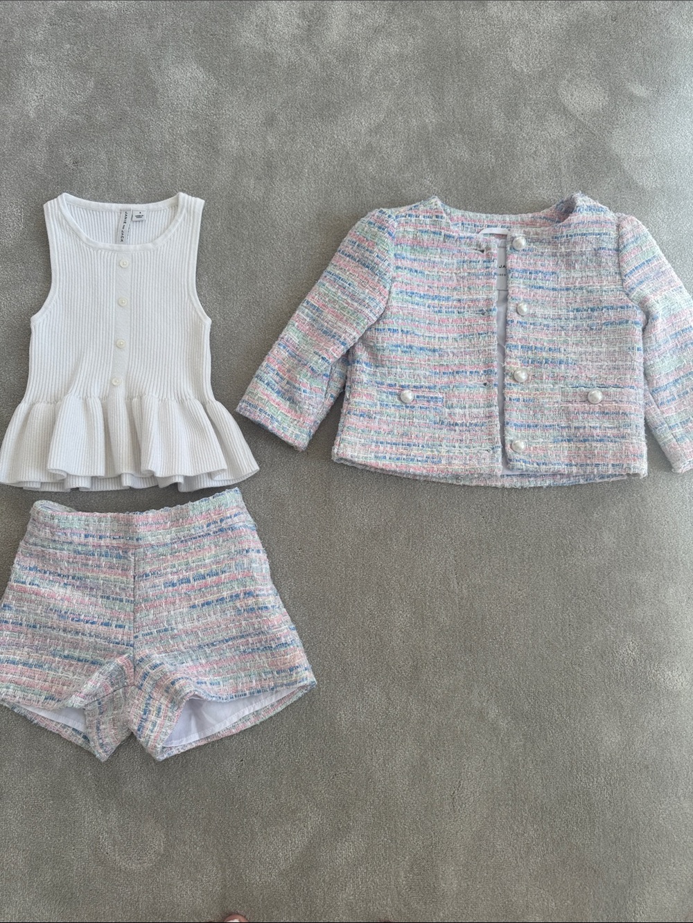 Girls 3-Piece Pastel Tweed Jacket + Shorts Set with White Peplum Tank, size 4